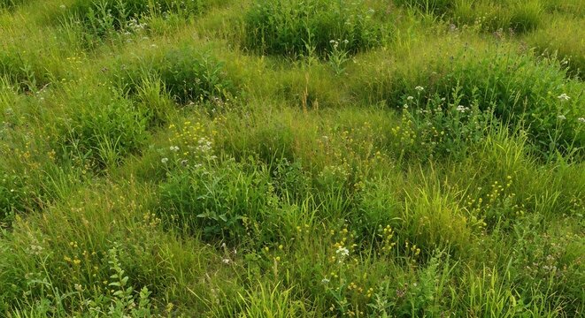 Dense field of grasses  wildflowers with varied textures and colors creating a lush natural scene