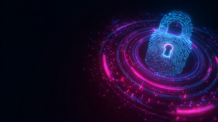 Digital Padlock Security Concept. Futuristic Data Protection with Glowing Neon Rings and Fingerprint Access.