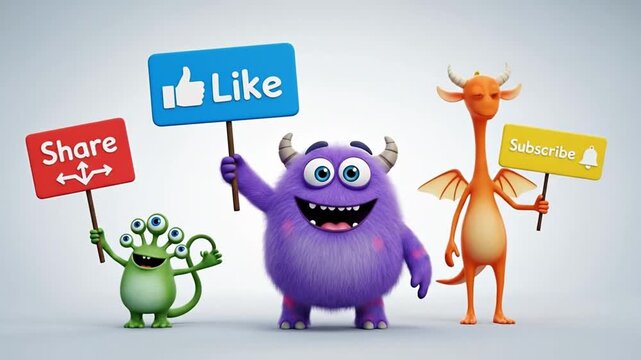 Three colorful cartoon monsters promoting social media engagement.