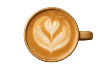 Hot coffee mug with beautiful latte art heart design, showcasing creamy foam and a stylized pattern. Transparent background