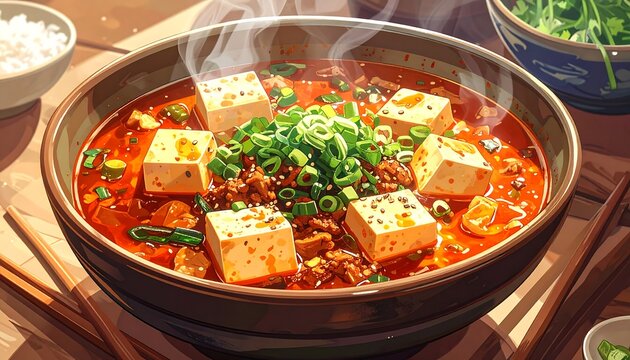 Steaming bowl of a spicy dish with tofu cubes, minced meat, and chopped scallions, with a side of rice