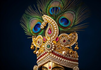 Naklejka premium Stunning golden ornate headdress with vibrant peacock feathers, showcasing Indian culture and spirituality, ideal for design and artistic projects
