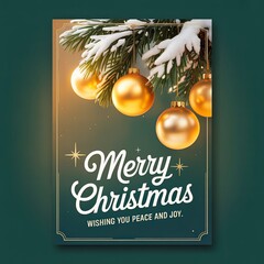 Merry Christmas Card Design with Golden Ornaments, Snow-Covered