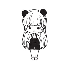 Beautiful Kawaii Girl Black and White Vector Illustration in Cute Simple Line Art Style