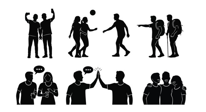 Human Connection and Social Interaction Silhouettes Set: Friendship, Teamwork, and Communication
