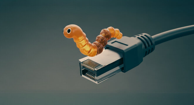 A curious digital worm explores a USB connection. A metaphorical exploration of the digital world.