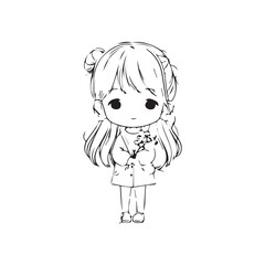 Beautiful Kawaii Girl Black and White Vector Illustration in Cute Simple Line Art Style