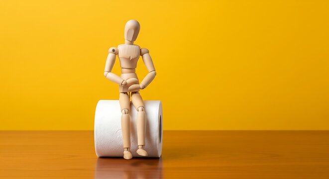 Worried wooden mannequin figure sits on toilet paper roll against vibrant yellow background, contemplating life's essential needs and discomfort. - Powered by Adobe