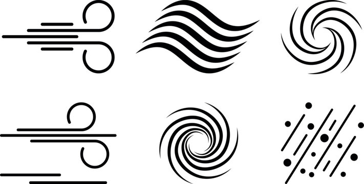 Wind and airflow icons set - gust lines, wavy breeze spiral vortex dust particles, speed lines - black vector