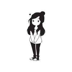Beautiful Kawaii Girl Black and White Vector Illustration in Cute Simple Line Art Style
