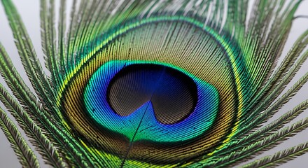 Obraz premium Vibrant peacock feather detail showcasing stunning iridescent colors, perfect for elegant designs and artistic projects
