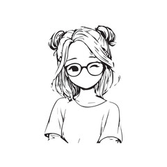 Beautiful Kawaii Girl Black and White Vector Illustration in Cute Simple Line Art Style