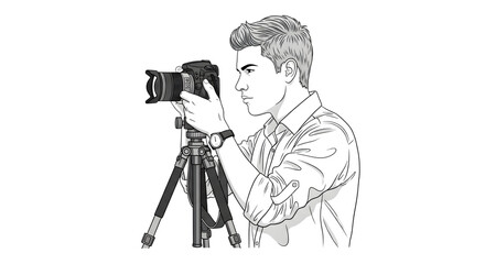 Stylized illustration of a man with a camera on a tripod isolated on a transparent background photographer