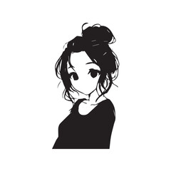 Beautiful Kawaii Girl Black and White Vector Illustration in Cute Simple Line Art Style