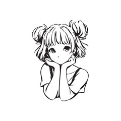 Beautiful Kawaii Girl Black and White Vector Illustration in Cute Simple Line Art Style