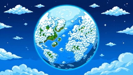 Pixelated artwork showcasing a vibrant blue planet with landmasses, surrounded by clouds and stars - Powered by Adobe