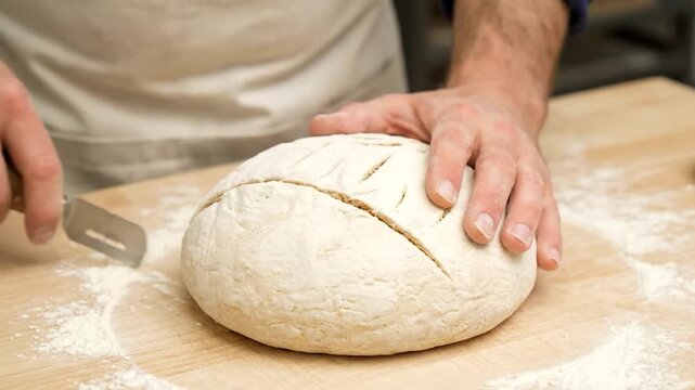 Close-up of a person scoring a loaf of dough on a wooden board with a serrated knife