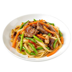 Delicious Asian stir fry beef noodle with vegetable on white plate. savory and appetizing meal for dinner
