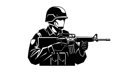 Silhouette of a soldier holding a rifle, ready for combat, with helmet.