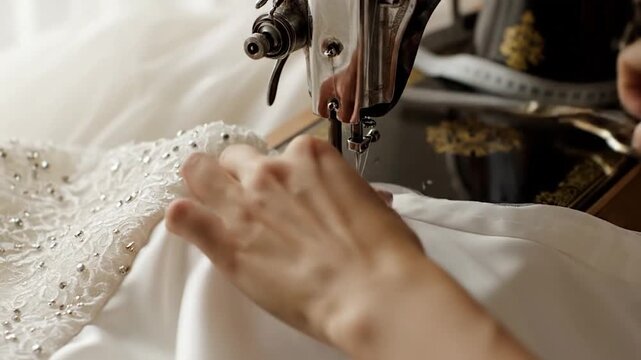 A close-up shot of a sewing machine stitching white fabric and delicate lace, hands guiding the material