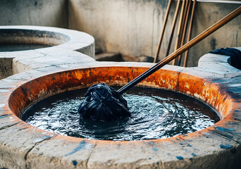 Black fabric being stirred in a stone vat of dark liquid dyeing textile