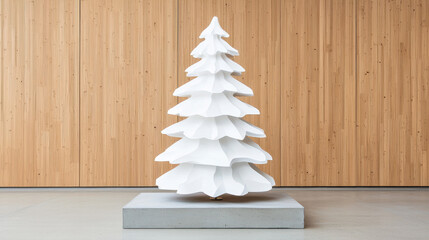 White christmas tree sculpture modern design stands on concrete base in minimalist room with wooden wall background