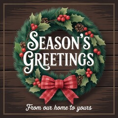 Season's Greetings Christmas Wreath on Rustic Wood with Holly, B