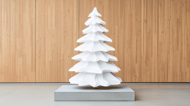 White christmas tree sculpture modern design stands on concrete base in minimalist room with wooden wall background