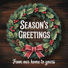Season's Greetings Christmas Wreath on Wood Background with Holl