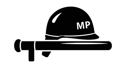 A black and white graphic depicting a military helmet and a baton, symbolizing law enforcement.