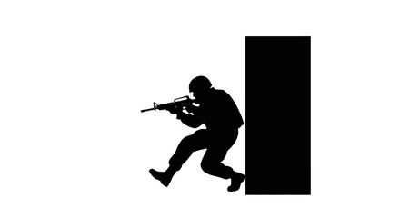 Silhouette of a soldier aiming a weapon, moving around a wall.