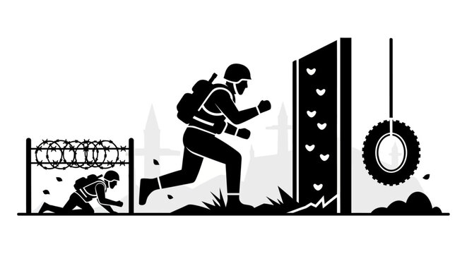 A soldier runs through an obstacle course, crawling under barbed wire and approaching a climbing wall and tire swing.