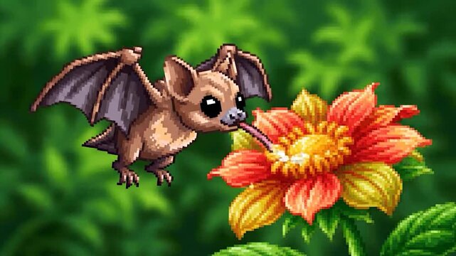 A pixelated brown bat with large black eyes flies near a vibrant red and yellow flower