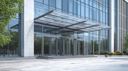 Modern office building entrance with glass facade. The entrance is covered with a glass canopy, trees and nature surrounds the building