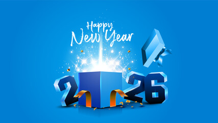 Gift box with Happy New Year 2026 wishing card background design.