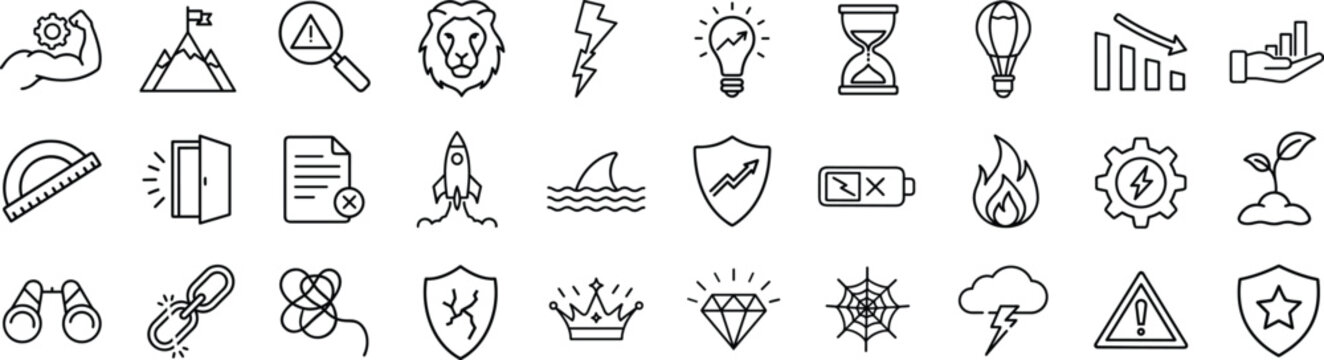 SWOT analysis vector outline icon set. Meaning strengths, weaknesses, opportunities, and threats