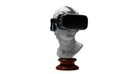 Sculpture bust wearing a vr headset on a wooden stand against black background in studio shot view