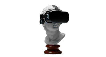 Sculpture bust wearing a vr headset on a wooden stand against black background in studio shot view