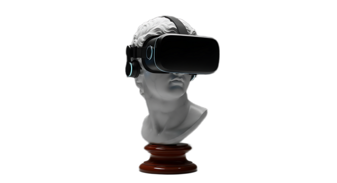 Sculpture bust wearing a vr headset on a wooden stand against black background in studio shot view