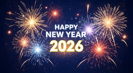 Brightly colored fireworks exploding in the night sky celebrating happy new year 2026