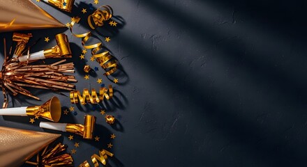 Festive new year s eve party supplies and decorations laid out on a dark background