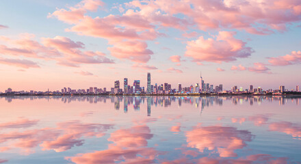 Naklejka premium Pastel City Skyline Mirrored in Water