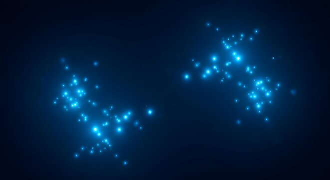 Abstract glowing blue particles forming clusters against a dark background with soft light