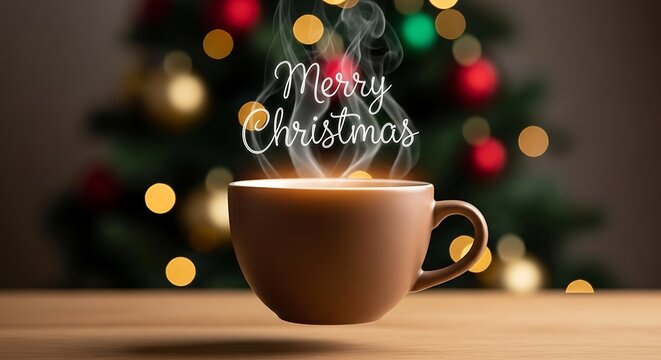Steaming coffee mug with merry christmas text overlay against blurred christmas tree lights creating a warm and festive holiday season atmosphere