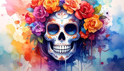 Colorful watercolor depiction of a decorated skull adorned with a vibrant floral crown, surrounded by splashed hues