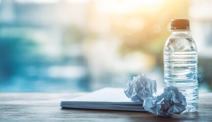 Obraz premium Water bottle and crumpled papers on a wooden surface.