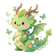 Cute Forest Dragon with Antlers and Flowers – Kawaii Nature Fantasy Creature, Botanical Cartoon PNG Art