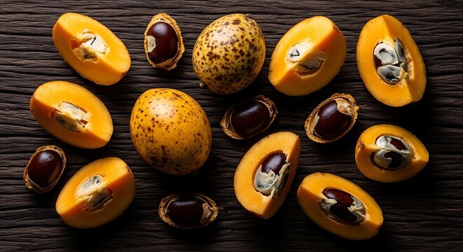 01_Flat lay of Caj Fruit pieces and seeds on a dark wooden surface. High contrast.