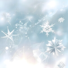 Delicate, ethereal snowflakes drift gently against a hazy, pastel blue and white winter sky, creating a serene and magical atmosphere.