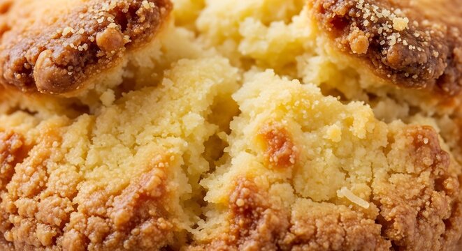 01_Macro detail of Biscoito de Queijo (cheese cookie) texture. Focus on crumb and color.